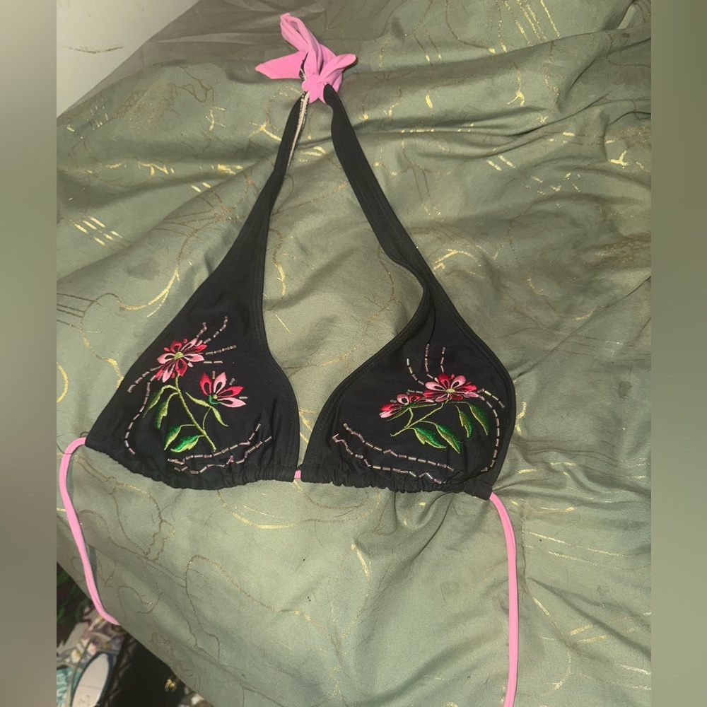 Floral Embroidered Black Halter Bikini Top